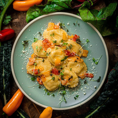 Roasted Corn Ravioli with a Sweet Pepper Sauce