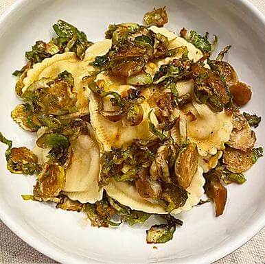 Butternut Squash Ravioli with Molasses Roasted Brussels Sprouts and Olive Oil