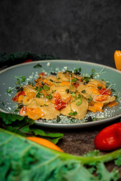 Roasted Corn Ravioli with a Sweet Pepper Sauce